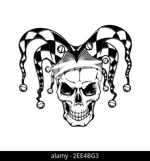 Tshirt print with joker skull, vector mascot for apparel design. T shirt print, tattoo monochrome grin cranium in fool checkered headdress with bells, Stock Vector