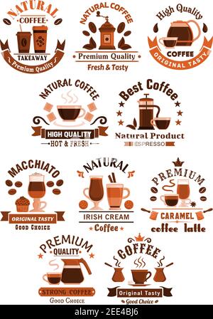 Coffee shop, cafe and cafeteria vector icons. Symbols of coffee makers and beans, cups of strong espresso, americano frappe or chocolate with biscuits Stock Vector