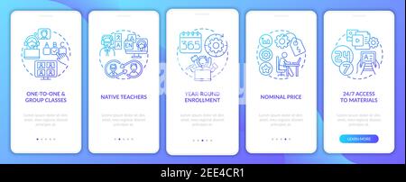 Digital language courses benefits onboarding mobile app page screen with concepts Stock Vector