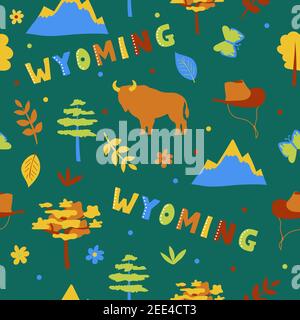 USA collection. Vector illustration of Wyoming theme. State Symbols - seamless pattern on green Stock Vector