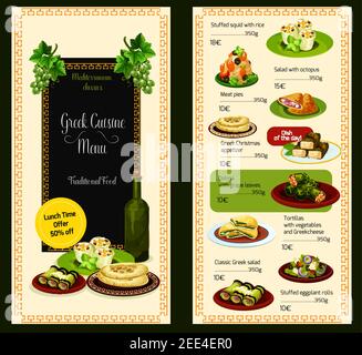 Greek restaurant vector menu template. Cover design with traditional Greece cuisine meat dishes, vegetable salads and soups or appetizer snacks and de Stock Vector