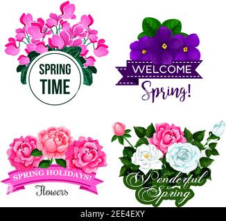 Welcome Spring quotes on floral isolated vector icons. Springtime greetings on ribbons with flowers of blooming crocuses, garden roses bunch and begon Stock Vector