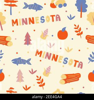 USA collection. Vector illustration of Minnesota theme. State Symbols - seamless pattern Stock Vector