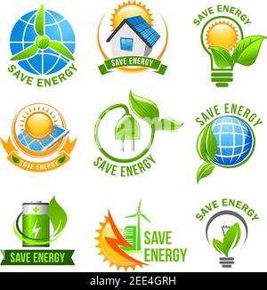 Eco green energy icon set. Green eco house with solar panel and wind turbine, light bulb with green leaf, globe, charge battery and electric plug with Stock Vector