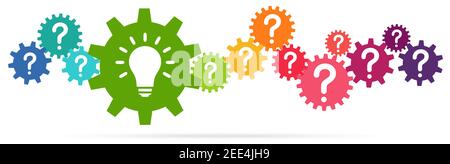 eps vector illustration of colored gears symbolizing cooperation or teamwork process with question marks and glowing light bulb for great solution ide Stock Vector