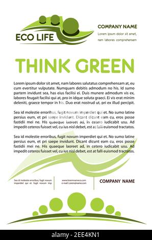 Think green concept. Nature protection and tree planting poster template for environment ecology company. Vector parks or gardens and horticulture lan Stock Vector