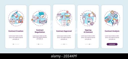 Contract lifecycle steps onboarding mobile app page screen with concepts Stock Vector