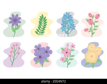 bundle of eight flowers and leafs spring season icons Stock Vector
