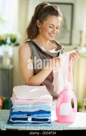 smiling modern woman in silk blouse and beige pants with ironing board, pile of folded ironed clothes and pink bottle of laundry detergent in the mode Stock Photo