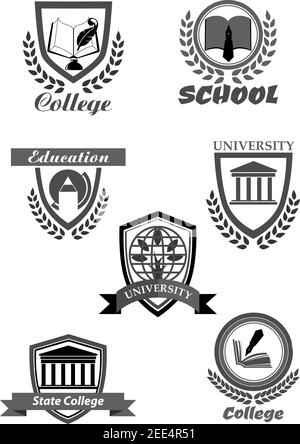 University, high school and college academy template icons. Symbols of education and knowledge book and ink pen, world globe and tree. Vector isolated Stock Vector