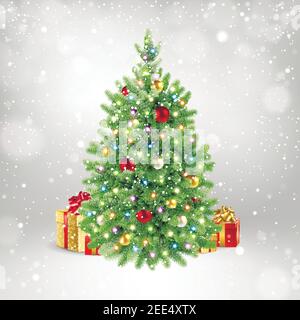 Christmas tree with gifts on the background of falling snowflakes Stock Vector
