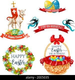 Easter paschal icons of eggs in wicker basket, flower wreath bow, bunny or passover God lamb crucifix or holy cross flag and swallows with ribbons. Ha Stock Vector