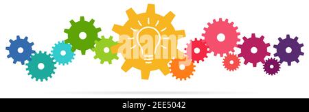 eps vector illustration of colored gears symbolizing cooperation or teamwork process with glowing light bulb for great solution idea Stock Vector