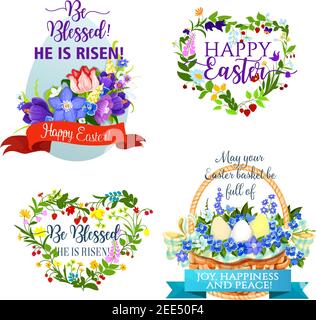 Easter icons for greeting design. Paschal eggs in wicker basket and flowers bouquet of crocuses, lilies, tulips and daffodils in wreath. Happy Easter Stock Vector