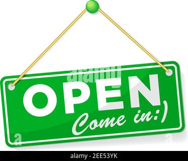 Green door sign Open Come in, with shadow isolated on transparent background. Realistic Vector template Stock Vector