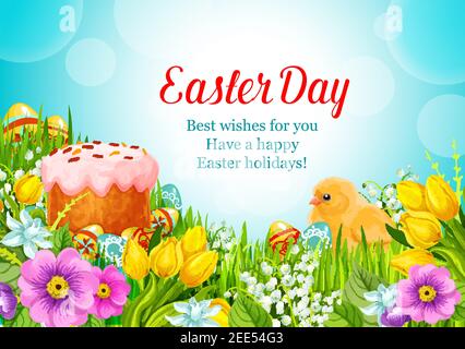Easter Day greeting card of paschal cake and eggs and chick in spring flowers lily, tulip and springtime snowdrops. Happy Easter wishes template for R Stock Vector