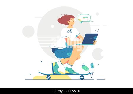 Girl on skateboard with laptop Stock Vector