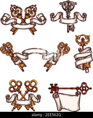 Vintage heraldic keys sketch icons tied with ribbons. Vector symbols of old brass or castle bronze ornate or flourish forges lock keys with antique or Stock Vector