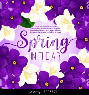 Spring flower frame greeting card. Floral wreath of blooming flowers with crocus, violet and jasmine branches, green leaf and bud for springtime holid Stock Vector