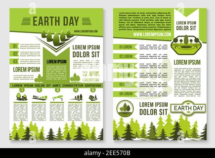 Earth Day information brochure template. Green tree and plant symbols, eco park and forest landscape badges with text layout for ecology and environme Stock Vector