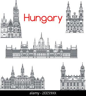 Hungary architecture and Hungarian famous landmark buildings. Vector isolated icons and facades of Budapest Parliament, Matthias and Debrecen Church a Stock Vector