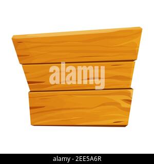 Wood sign, banner, wooden empty plank in cartoon style isolated on white background. Game assets, ui element. Textured material, frame for massage, de Stock Vector