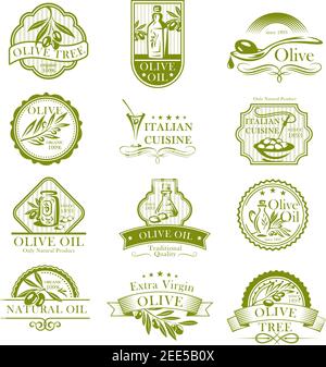 Olive oil vector icons set and fresh olives labels for Italian cuisine or olive products packaging design element. Vector symbols for natural organic Stock Vector