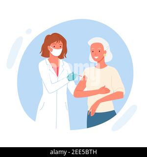 Vaccine elderly patient, cute doctor injecting older woman in hospital, virus control Stock Vector