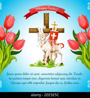 Easter cross cartoon greeting poster template. Crucifix with lamb of God on green grass meadow, decorated by Happy Easter ribbon banner and red tulip Stock Vector