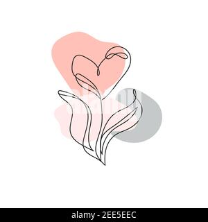 Continuous line drawing. One line flower in the shape of a heart. Modern linear art on white background Stock Vector