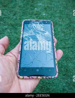smartphone with broken screen Stock Photo