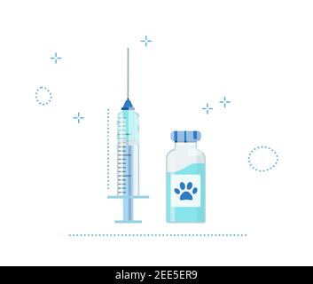Pet Vaccination concept. Idea vaccine injection for protection from disease animal. Blue Icon syringe and bottle with vaccine. Vector flat illustratio Stock Vector