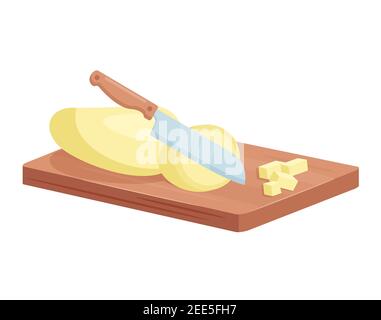 Potato cutting kitchen process, isometric knife processing raw peeled potato vegetable Stock Vector
