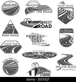 Travel company or tourist trip agency template icons. Road journey ways for car and bus tour. Vector isolated symbols set of highways or motorways adv Stock Vector