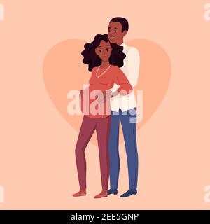 Happy young family, pregnancy motherhood, man woman couple standing together, hugging Stock Vector