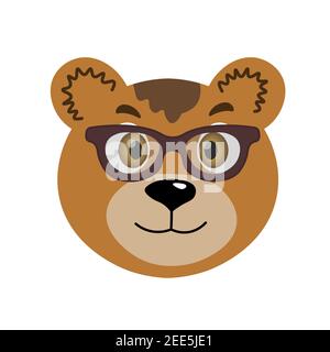 Colorful cute vector bear face in sunglasses. One object on a white background. Cartoon flat illustration. Emoji funny animal. Embarrassed smile Stock Vector