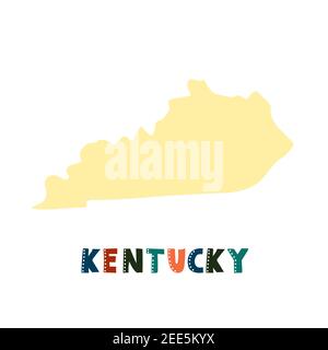 Kentucky map isolated. USA collection. Map of Kentucky - yellow silhouette. Doodling style lettering on white Stock Vector