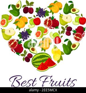 Fruits combined in heart. Farm harvest of fresh ripe juicy orange, avocado, pomegranate and grape bunch, sliced watermelon, plum and citrus lemon, pom Stock Vector