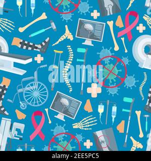 Surgery and traumatology therapy seamless pattern of vector medical items and medicines MRI angiogram, spine bone, foot and hand bone trauma, brain x- Stock Vector