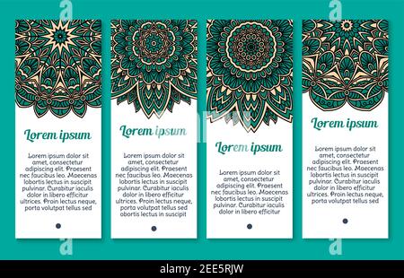 Mandala or Paisley banners of pattern and Indian flower or flourish Buddhistic ornament decoration. Vector templates set for business or greeting card Stock Vector