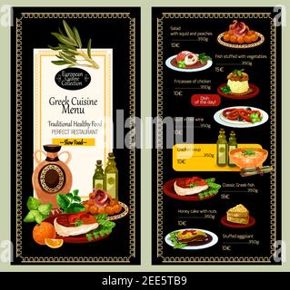 Greek restaurant vector menu. Greece traditional cuisine price cover design of soups, meat hot dishes, vegetable salads and appetizer snacks and sweet Stock Vector
