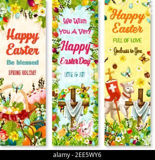 Easter holiday symbols greeting banner set. Easter egg hidden on grass meadow with rabbit bunny, spring flower, egg hunt basket, Easter cake, chicken, Stock Vector