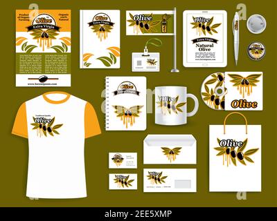 Brand corporate vector templates for branding. Office supplies and apparel of olive oil farm or olive product company. Isolated business cards, statio Stock Vector