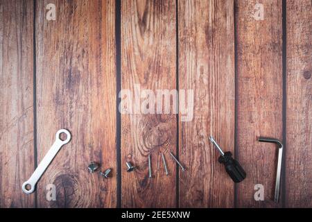 working tools on dark wood background with space for text Stock Photo