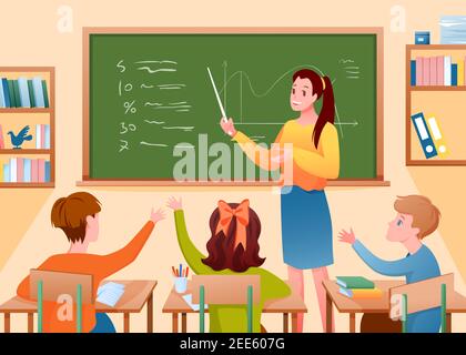 Pupil kids and teacher in classroom, woman teaching children with pointer, school lesson Stock Vector