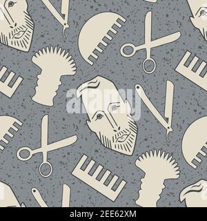 Male face and barber tools seamless vector pattern background. Beige brown grunge textured backdrop with head of a bearded man, comb, scissors Stock Vector