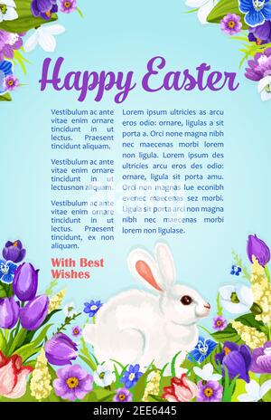 Happy Easter poster with wishes and greetings template. Paschal eggs and bunny in spring flowers bunch of crocuses, daffodils lily and tulips. Vector Stock Vector