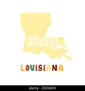 Louisiana map isolated. USA collection. Map of Louisiana - yellow silhouette. Doodling style lettering Stock Vector