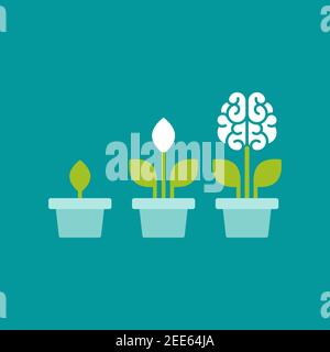 Flower brain with green leaves in blue pot. Intellect, phsychology, knowledge, education concept. flat vector illustration isolated on blue. Creative, Stock Vector