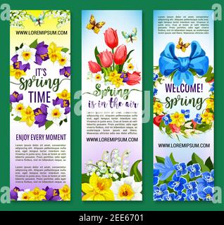 Welcome Spring greeting banners for springtime holiday design of flowers crocus, forget-me-not, narcissus or snowdrops and lily in grass and butterfly Stock Vector
